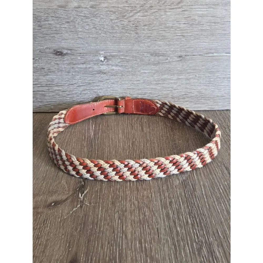 L.L. Bean Braided Woven Rope and Leather Belt  Size 28 Brass Buckle